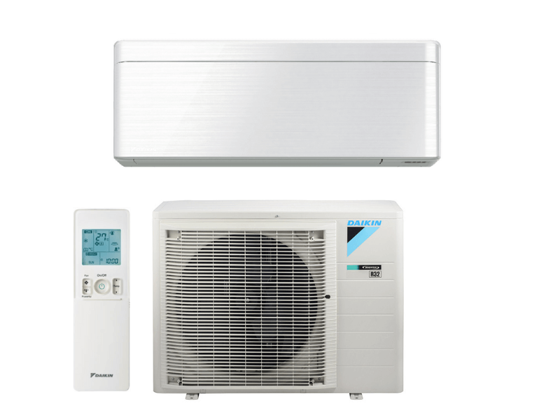 Daikin Zena split system showing indoor unit, outdoor condenser and remote control